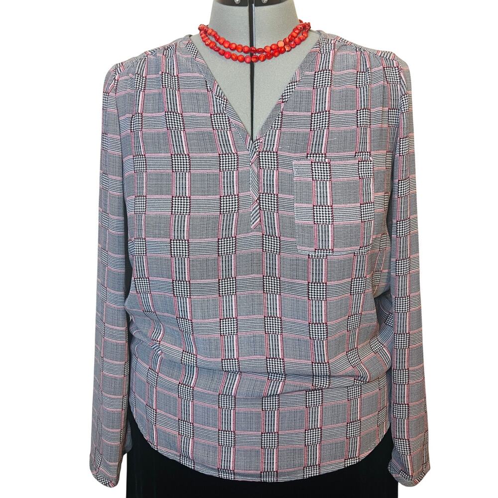 Pleione Plaid Popover Blouse Women's Large Gray Red Corpcore Career Wear Office